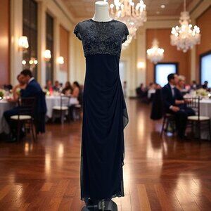 Xscape Navy Beaded Mesh Evening Gown Formal Dress Size 10 Wedding Guest Gala
